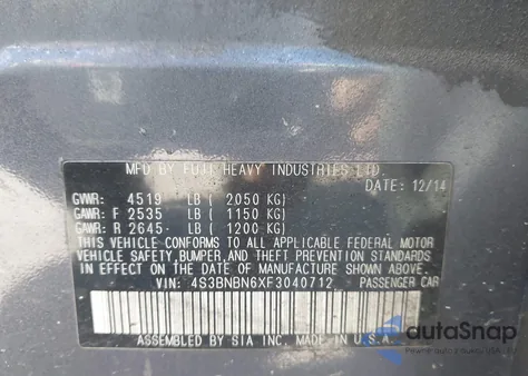 2015 Subaru Legacy 2.5I Limited from USA, damaged, VIN 4S3BNBN6XF3040712